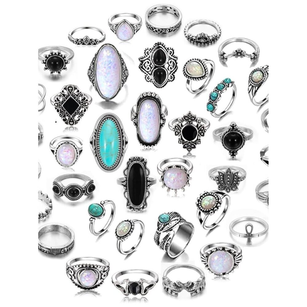 Vintage Silver Knuckle Rings Set for Women Western Turquoise Rings Bohemian